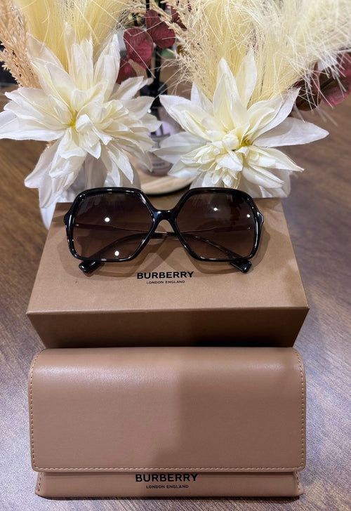 MAY Kaya Burberry black rectangular sunglasses with tan case
