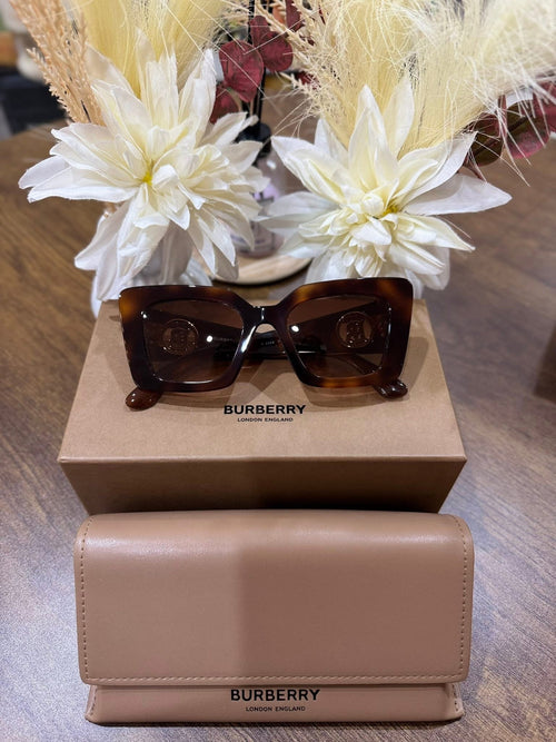 MAY Kaya Burberry tortoise rectangular sunglasses with tan case