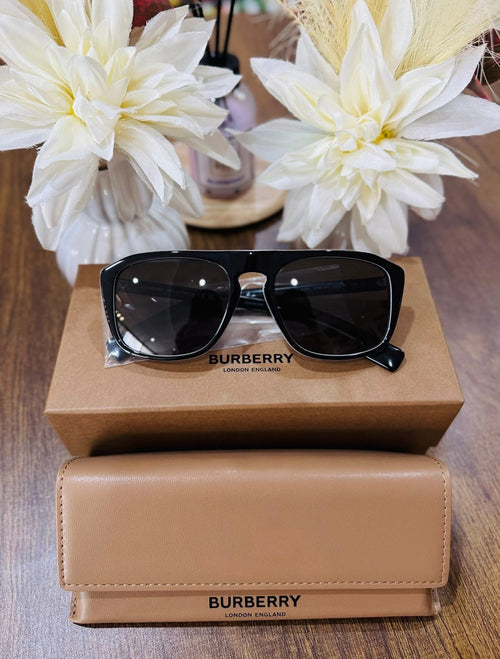 MAY Kaya Burberry black rectangular sunglasses with tan case