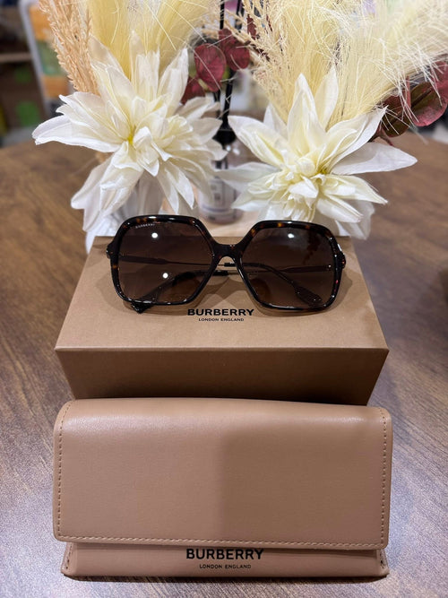 MAY Kaya Burberry dark brown oversized sunglasses with tan case