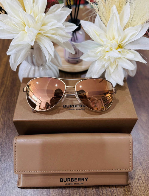 MAY Kaya Burberry rose-gold aviator gradient sunglasses with tan case