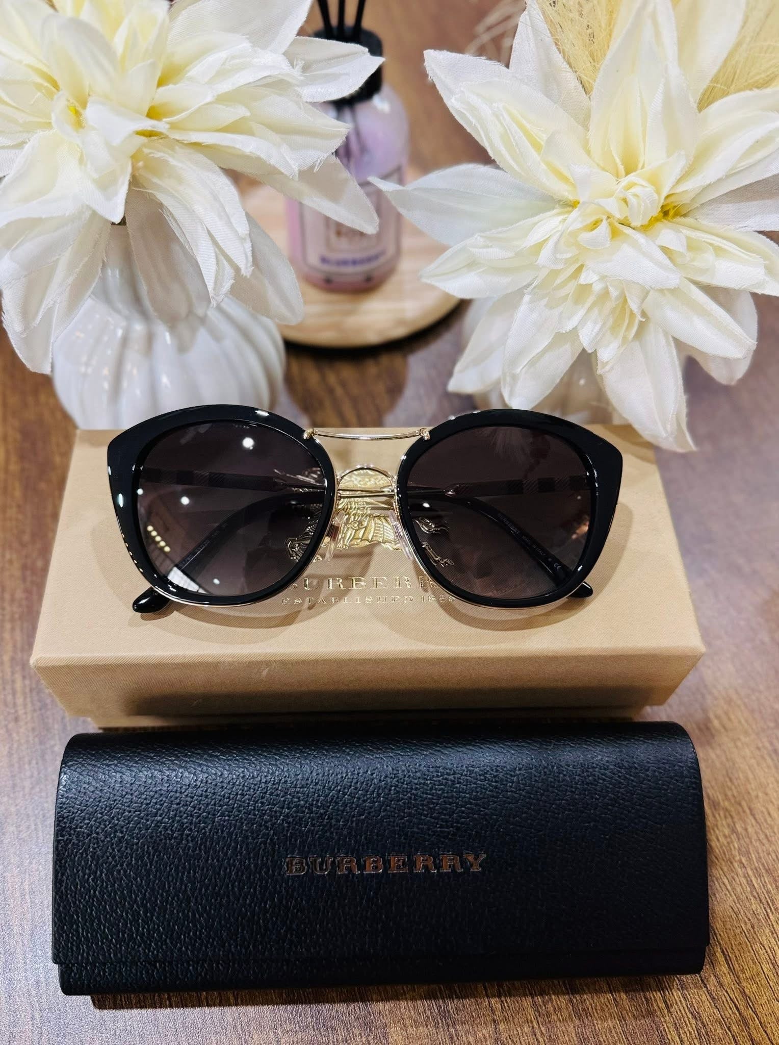 MAY Kaya Burberry black oversized butterfly sunglasses with black case