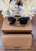 MAY Kaya Burberry black square sunglasses with tan case